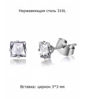 Серьги квадратные с цирконом серебристые 3 мм 